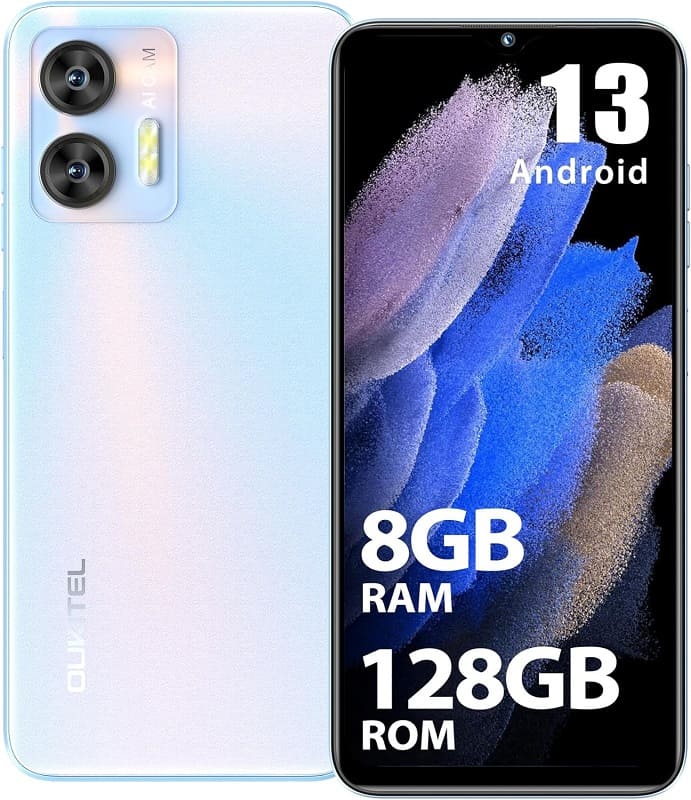 Smartphone bianco con 8GB RAM, 128GB ROM, Android 13, tripla fotocamera.