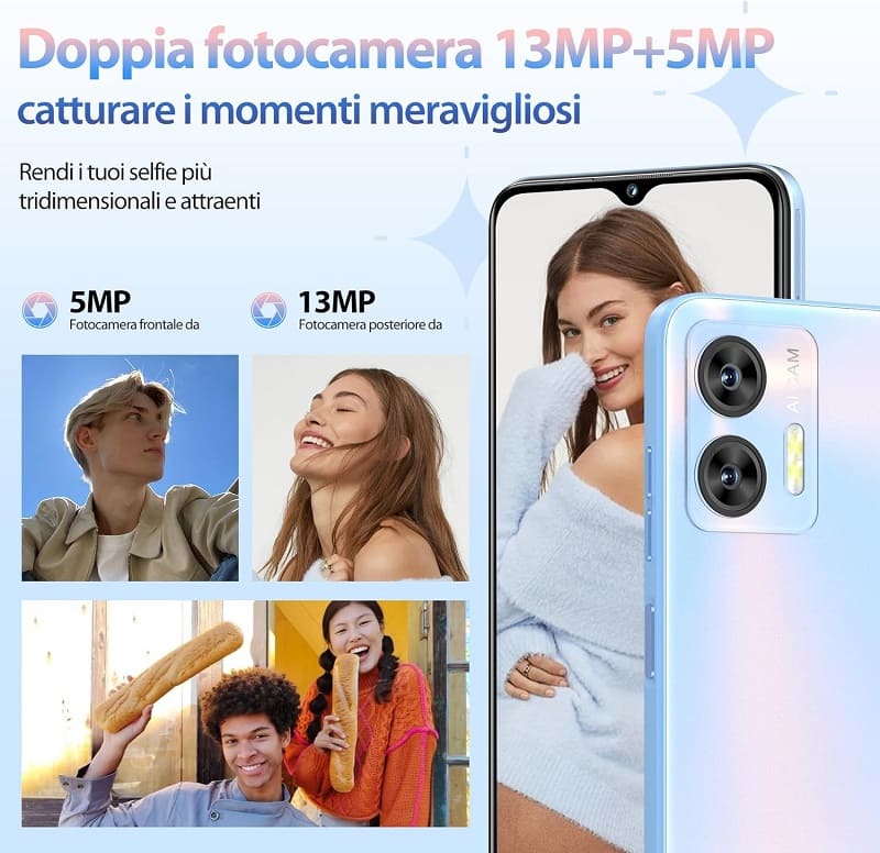 Cellulare con doppia fotocamera da 13MP+5MP, design elegante.